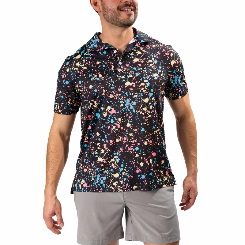 men's custom polo shirts -Chubbies The Paint Drips Performance Polo Shirt - Black - Pattern Base (Plaids)