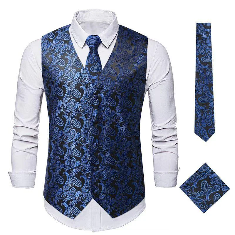 vests for layering for men -Men's Paisley Waistcoat Set Blue Vest