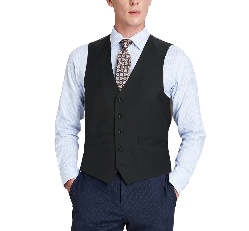 men's fitted vest jackets -Alessandro Vitello by Renoir Black Wool Suit Vest Regular Fit Dress Suit Waistcoat 508-1