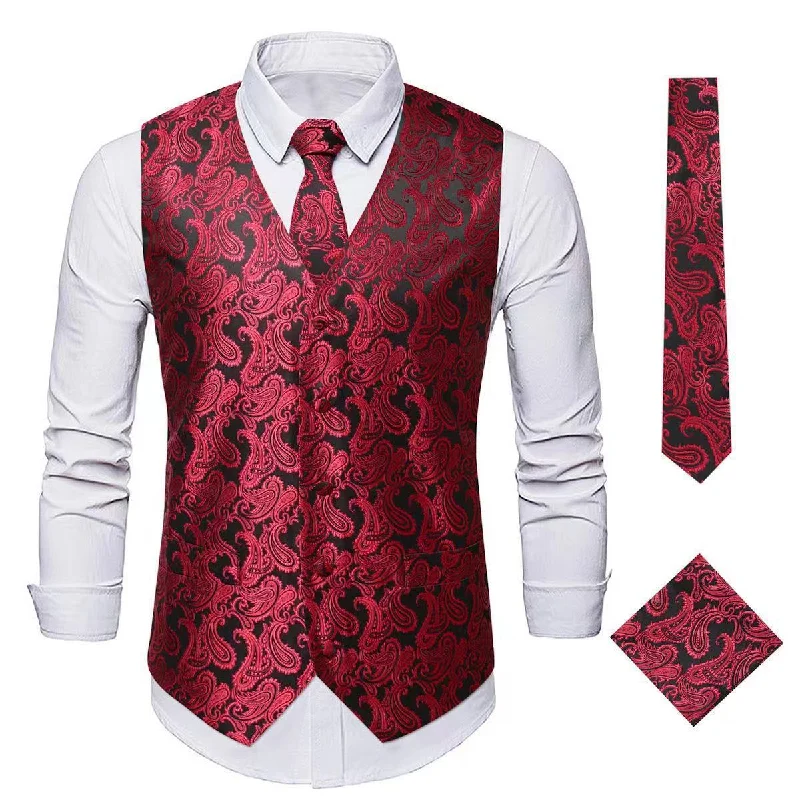 fitted waistcoats for men -Men's Paisley Waistcoat Set Red Vest