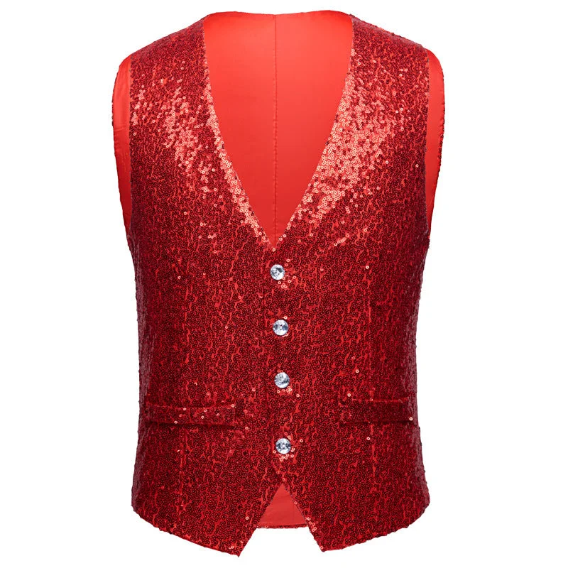 men's casual sleeveless vests -Men's Sequin Fashion Vest Red