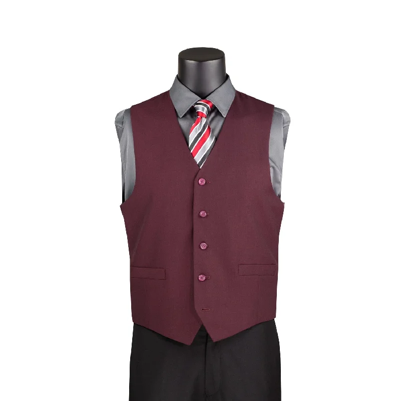 men's zippered waistcoats -Terra Collection: Burgundy Solid Color Single Breasted Slim Fit Vest