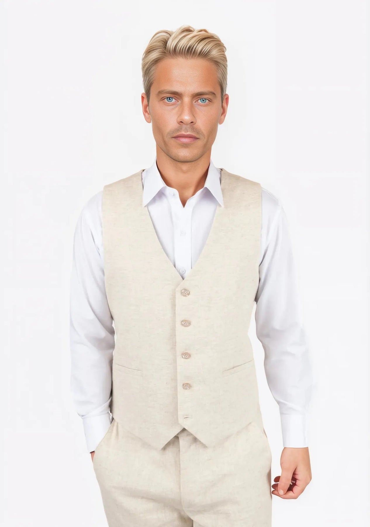 men's quilted waistcoats -Sand Linen Vest