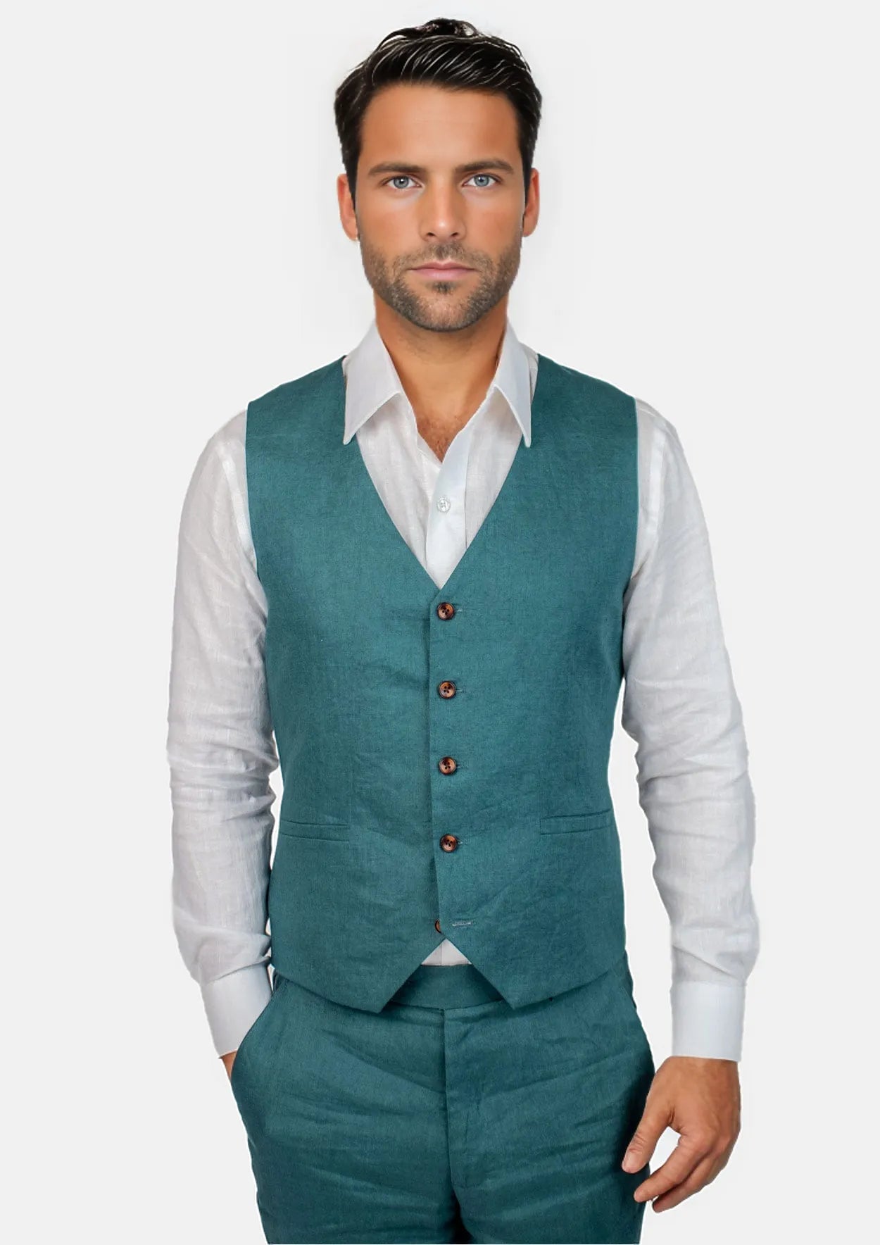 men's premium vests -Deep Teal Linen Vest