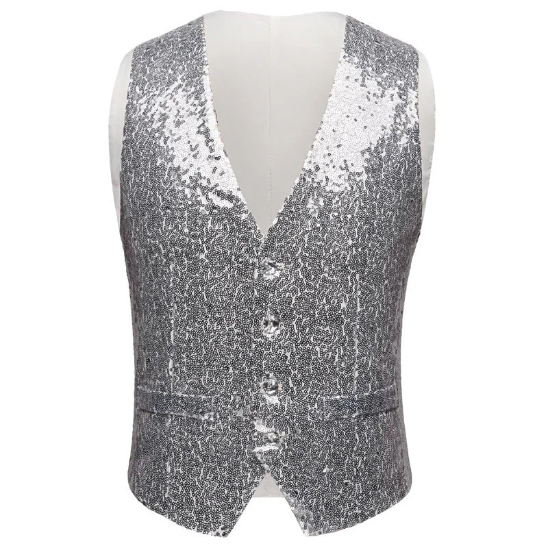 men's vest with pockets -Men's Sequin Fashion Vest Silver