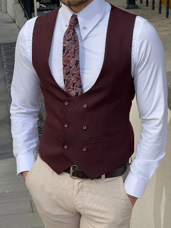 button-down vests for men -Bojoni Montebello Slim Fit Double Breasted Claret Red Vest