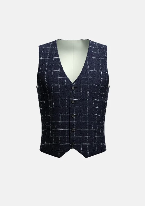 multi-pocket vests for men -Navy Flannel Windowpane Vest