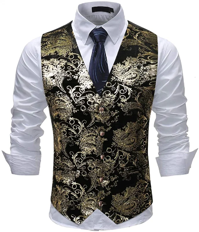 button-up waistcoats for men -Men's Metallic Printed Vest Gold