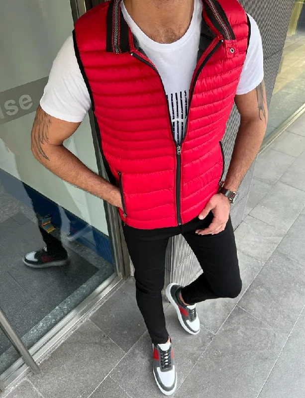 men's vests for summer -Bojoni Veneta Slim Fit Zippered Red Puffer Vest Jacket