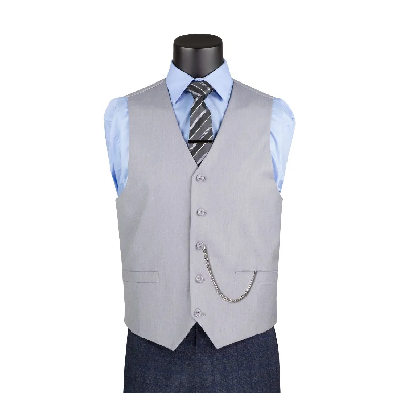 elegant vest jackets for men -Terra Collection: Grey Solid Color Single Breasted Slim Fit Vest