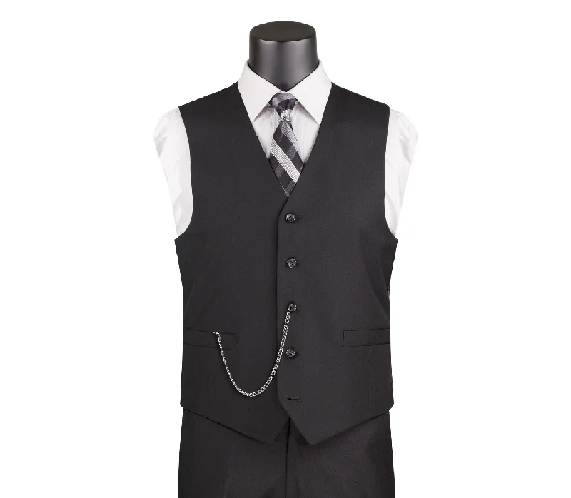 men's quilted waistcoats -Terra Collection: Black Solid Color Single Breasted Slim Fit Vest