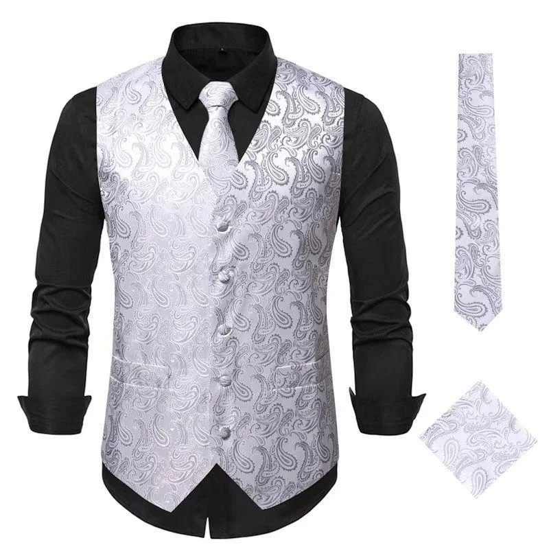 men's zip-up vests -Men's Paisley Waistcoat Set Silver Vest