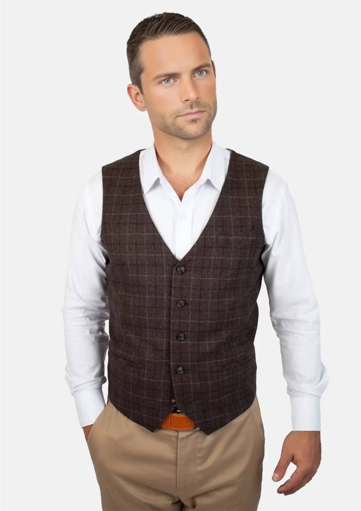 men's waistcoats for layering -Cedar Brown Flannel Windowpane Vest