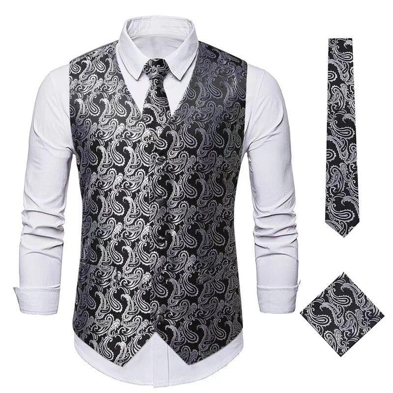 high-quality vests for men -Men's Paisley Waistcoat Set Silver Gray Vest