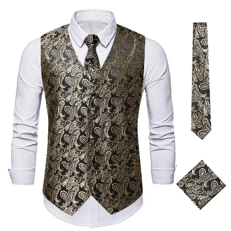 men's winter vests -Men's Paisley Waistcoat Set Gold Vest