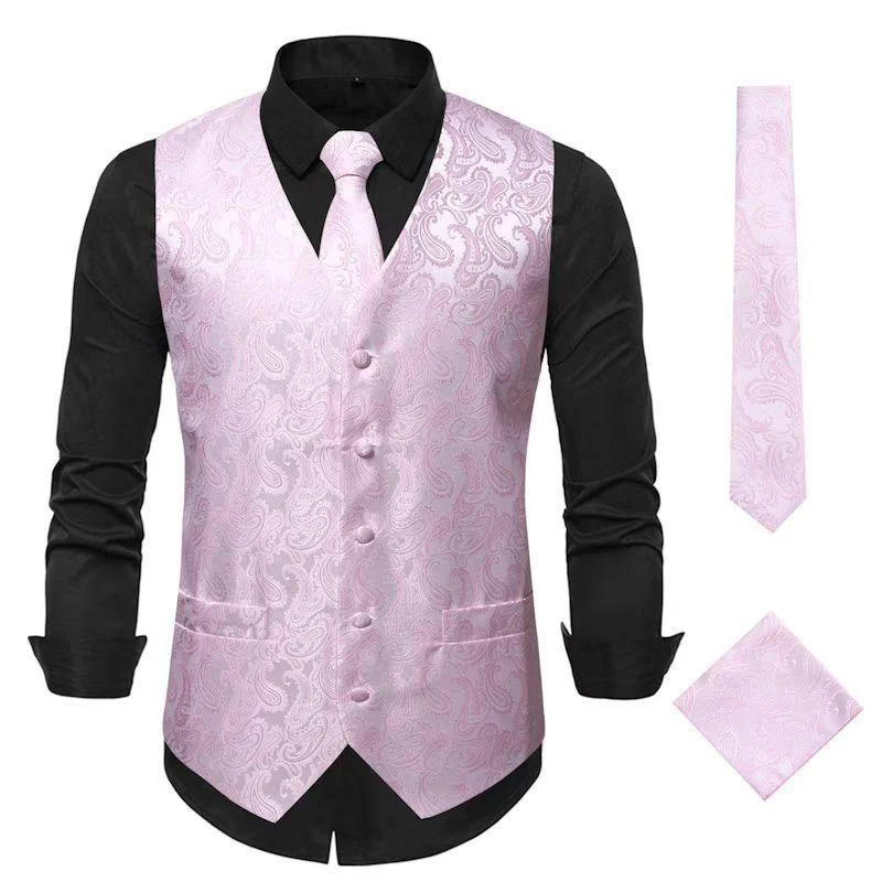 men's leather waistcoats -Men's Paisley Waistcoat Set Pink Vest