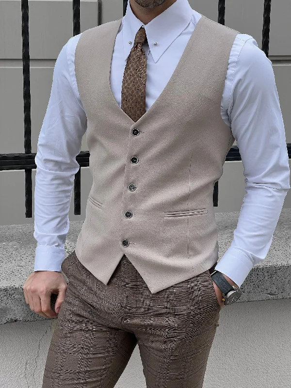 men's plaid waistcoats for weddings -Louis SLim Fit Beige Woolen Vest