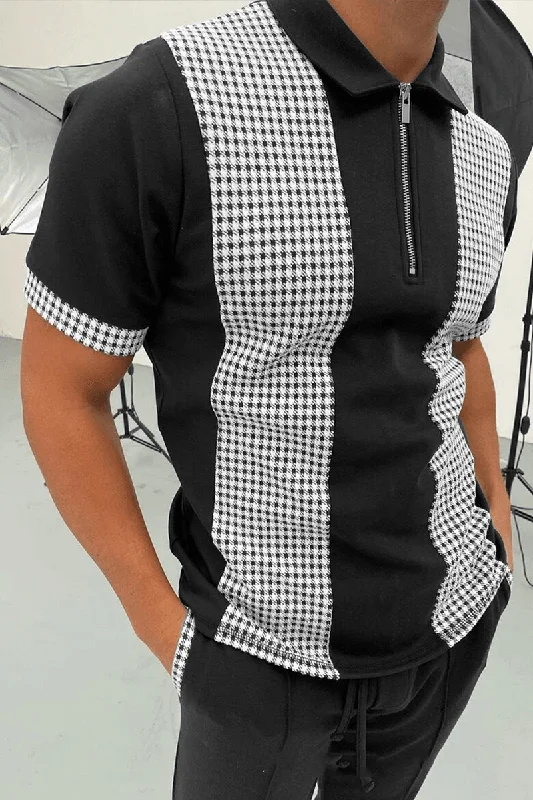 men's simple polo shirts -POLO Shirt Zipper Check Color Block Men'S T-Shirt