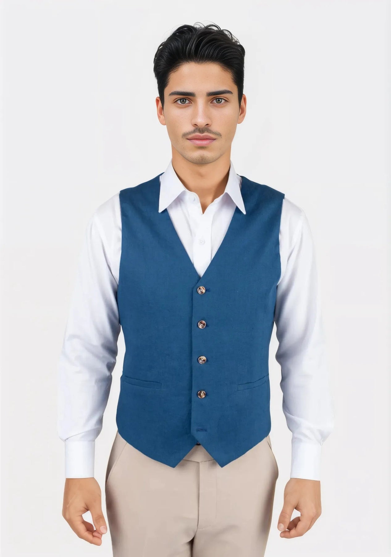 men's casual vest jackets -Marine Blue Linen Vest