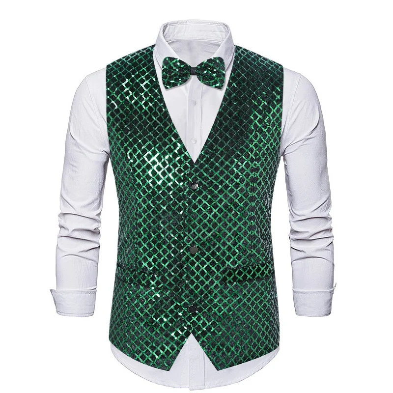 lightweight waistcoats for men -Men's Fashion Sequin Plaid Striped Green Vest