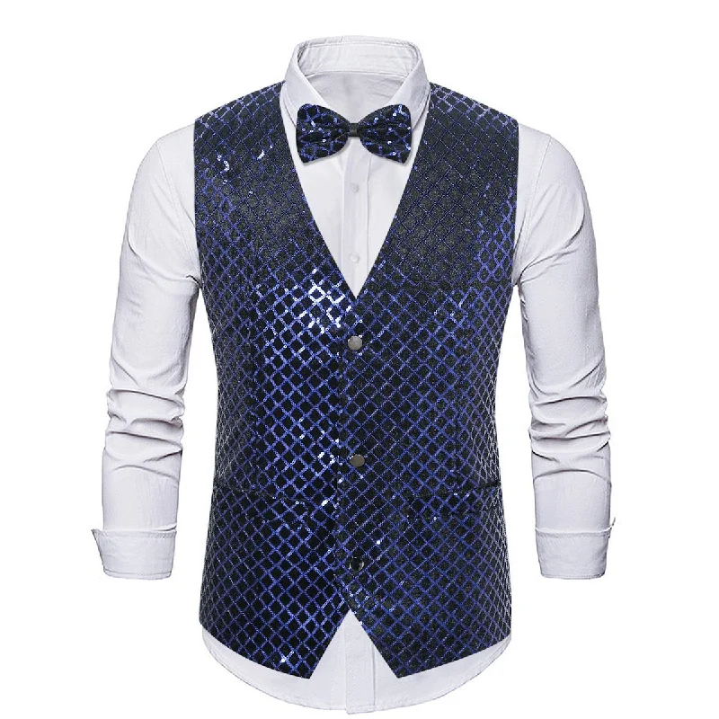 fashionable sleeveless vests for men -Men's Fashion Sequin Plaid Striped Navy Vest