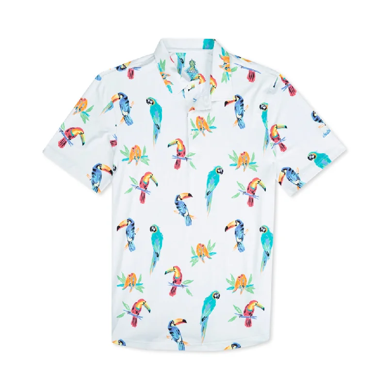 slim fit pique polo shirts for men -Chubbies The Birds Of Polodise Performance Polo Shirt - Optic White - Pattern Base (Includes Plaids)