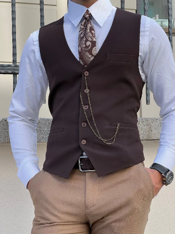 designer vests for men -Bojoni Astoria Slim Fit Woolen Brown  Vest