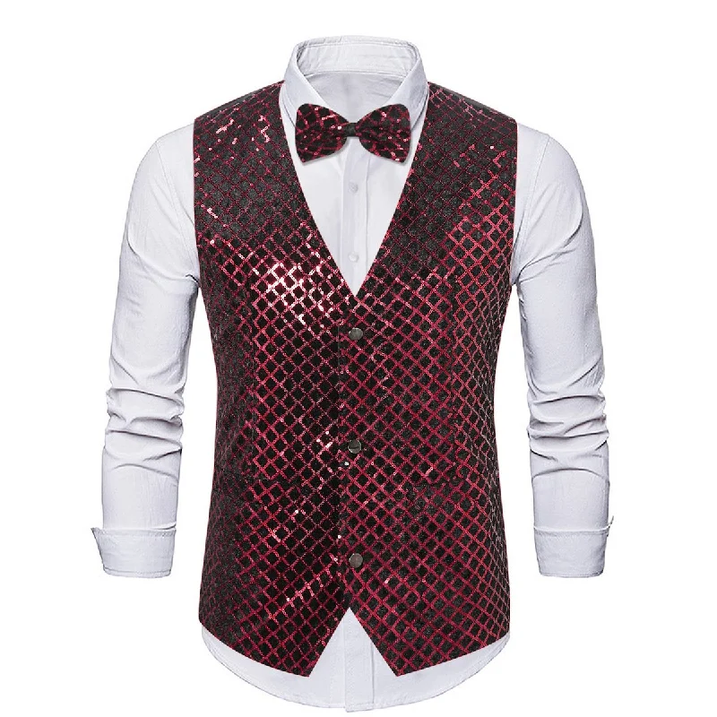 warm vest jackets for men -Men's Fashion Sequin Plaid Striped Red Vest