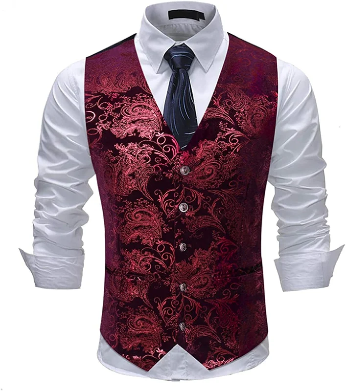 elegant waistcoats for men -Men's Metallic Printed Vest Red