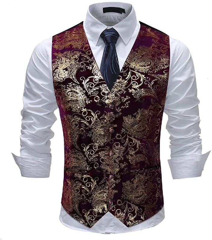 tailored vests for men -Men's Metallic Printed Vest Red-Gold