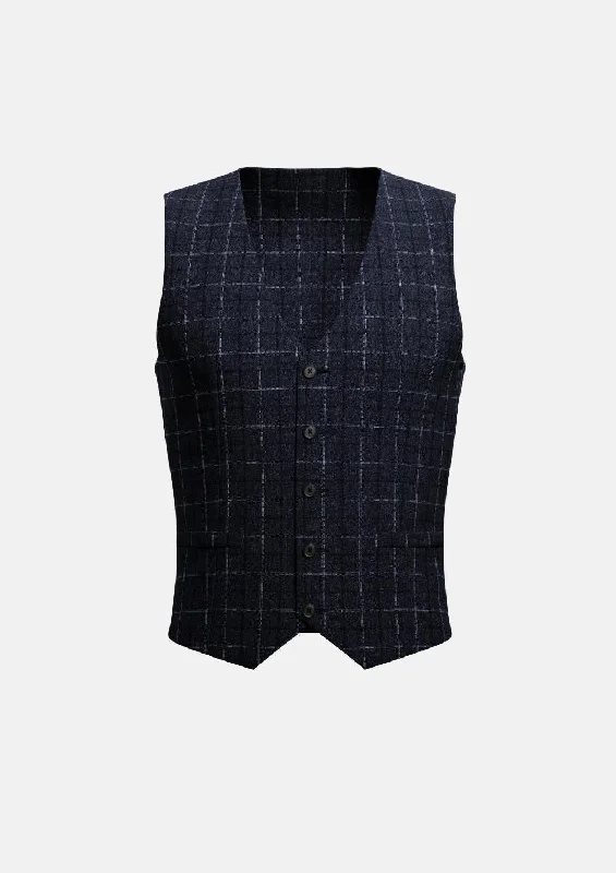 men's stylish waistcoats for suits -Charcoal Blue Check Flannel Vest