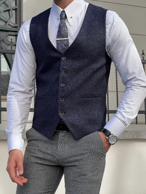 lightweight vests for men -Bojoni Astoria Slim Fit Navy Blue Woolen Vest