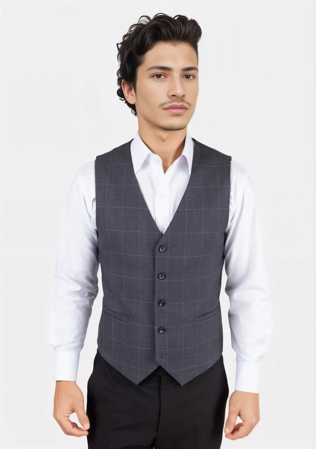 button-down vests for men -Dark Grey Windowpane Vest