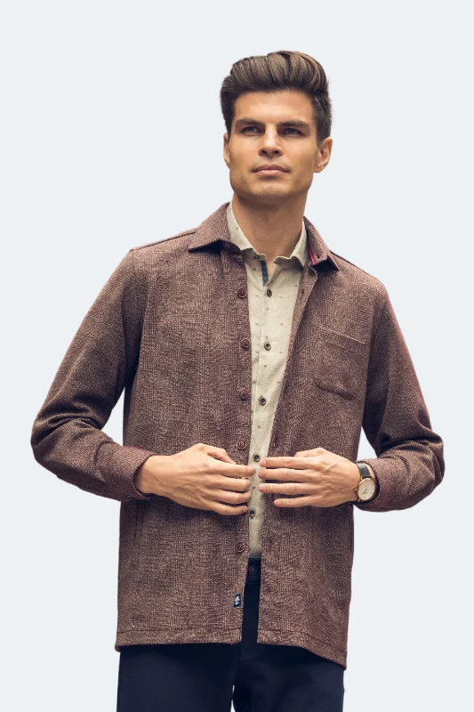 men's modern fit shirts -Beige and Burgundy Sharktooth Plaid Shacket