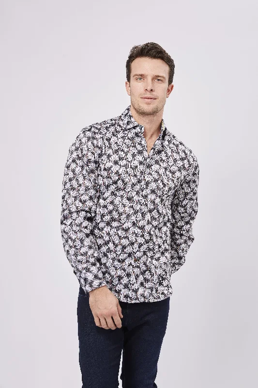 men's luxury shirts -Black and White Leaves and Check Shirt