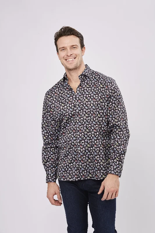 men's performance shirts -Black with Multicolor Skulls Shirt