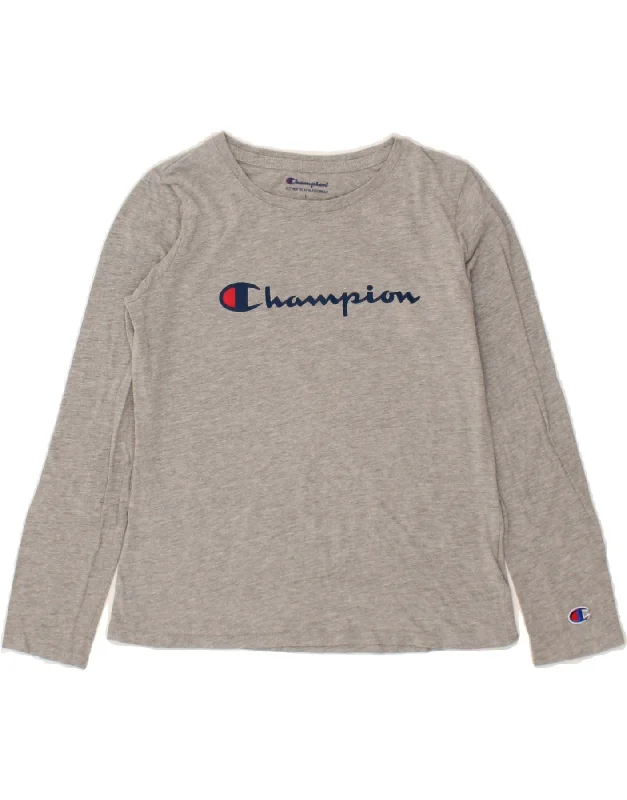 men's fashion casual t-shirts -CHAMPION Boys Graphic Top Long Sleeve 11-12 Years Large Grey Cotton