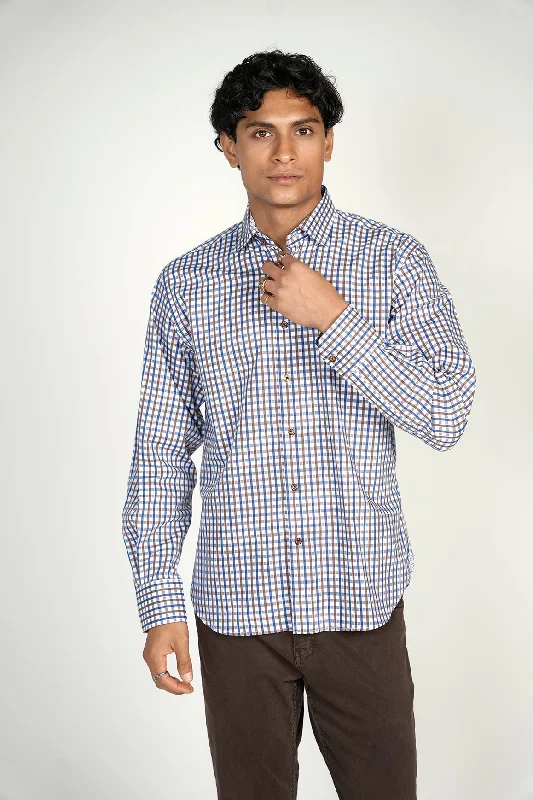 men's Oxford shirts -Everyday Brown Navy Plaid Shirt