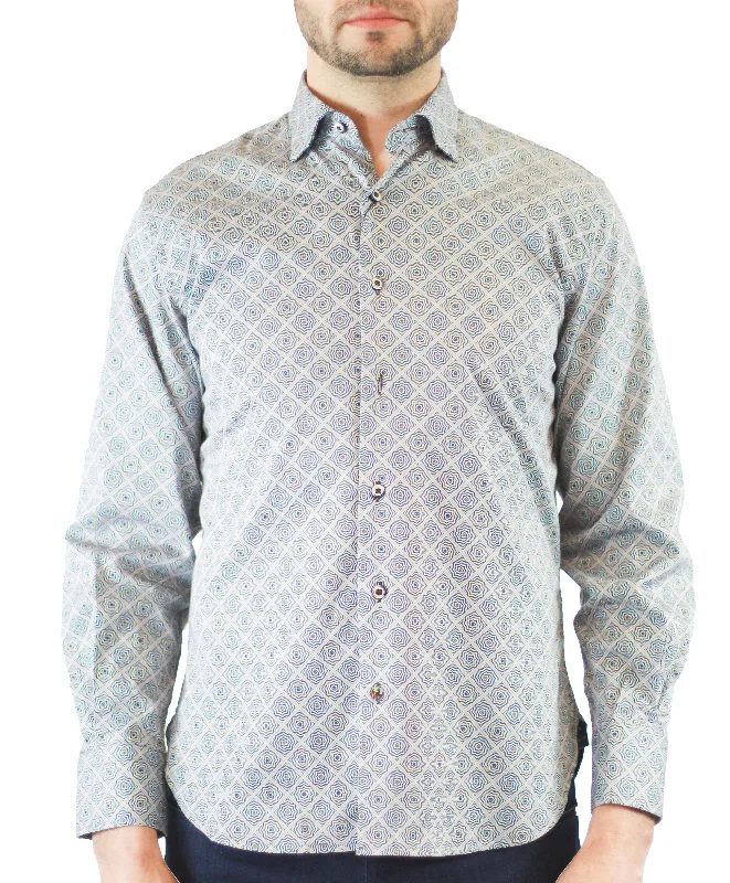 men's formal work shirts -Grey with Navy and Gold Psychedelic Squares (Big & Tall)