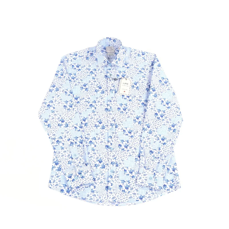 men's easy-care button-down shirts -Leo Blue Flowers with Patches Shirt