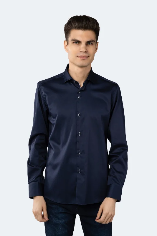 men's athletic fit shirts -Leo Solid Navy Shirt