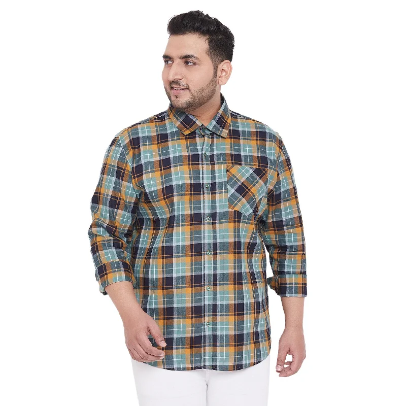 men's linen shirts -Men Flat Collar Plaid Full Sleeve Shirt