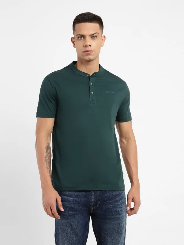 men's athletic cotton t-shirts -Men's Solid Henley Neck T-shirt