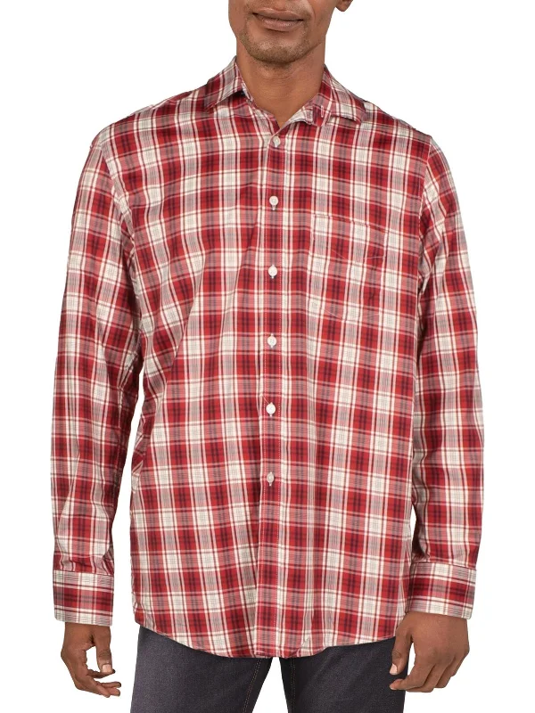 casual shirts for men -Mens Plaid Wrinkle Resistant Button-Down Shirt