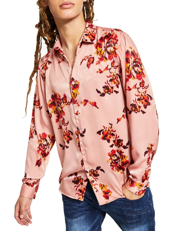 men's performance short-sleeve shirts -Mens Satin Floral Button-Down Shirt