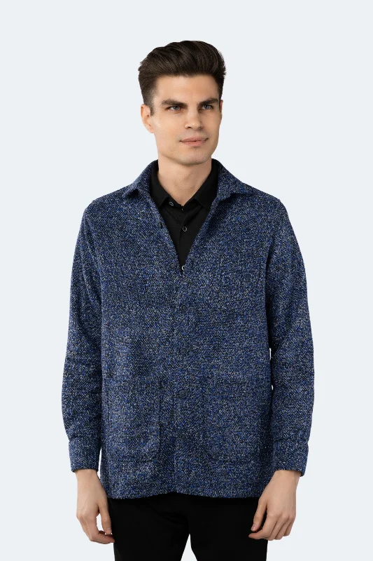 men's casual plaid shirts -Multi Blue Tweed Shacket