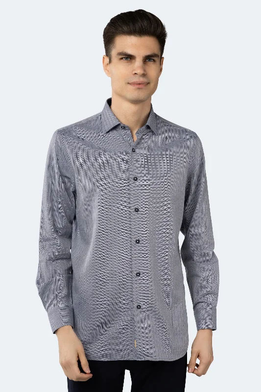 men's denim shirts -Navy and White Self Stripe Jacquard Shirt