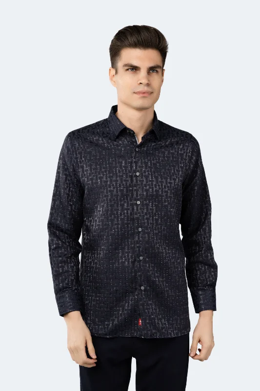 men's everyday shirts -Navy Box Shapes with Charcoal Grey Dots Jacquard Shirt