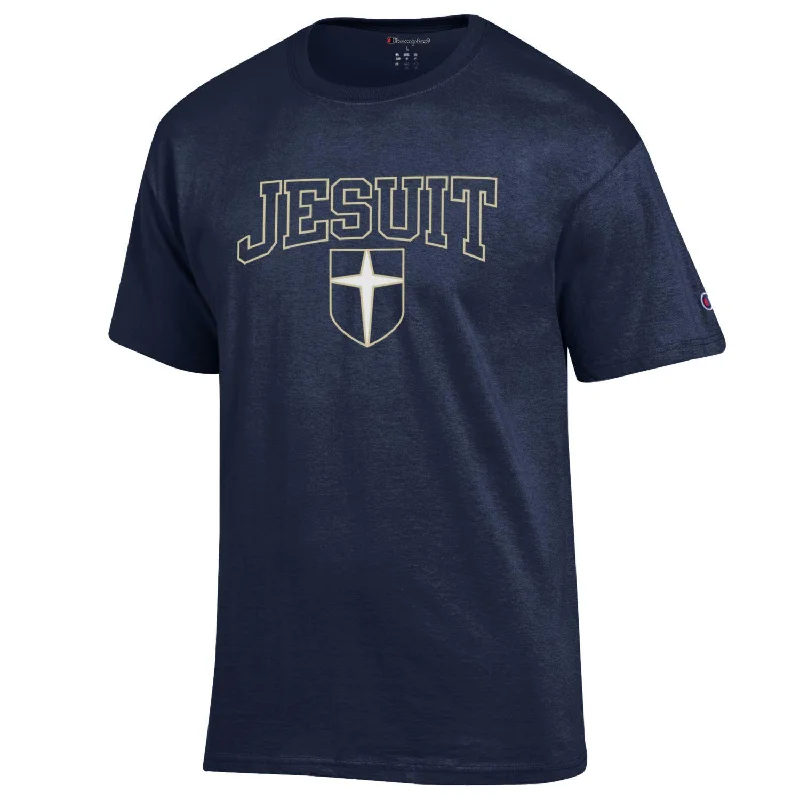 slim-fit cotton t-shirts -Classic Jesuit Navy shield T-shirt