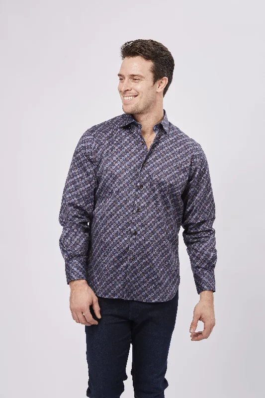 men's button-down shirts -Navy with Brown Floral Designs